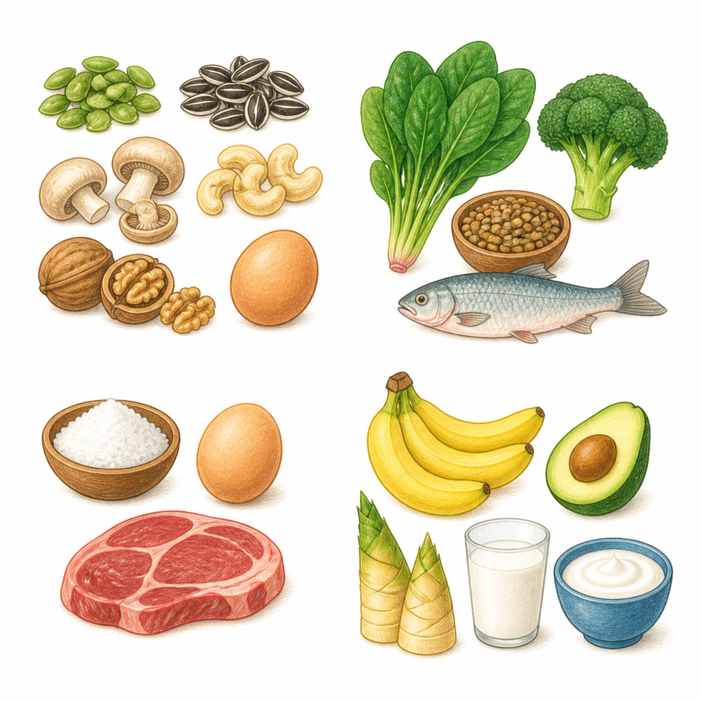 Everyday foods that supply zinc, iron, sodium and potassium, grouped by metal.