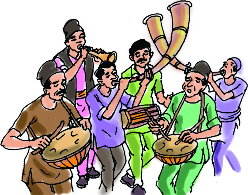 नरसिंगा, सहनाई र दमाहा एकसाथ बजाइरहेका बाजा बजाउनेहरू