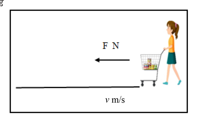 The push (force F newtons) and the motion (velocity v metres per second) point the same way, so all of the force goes into moving the trolley.