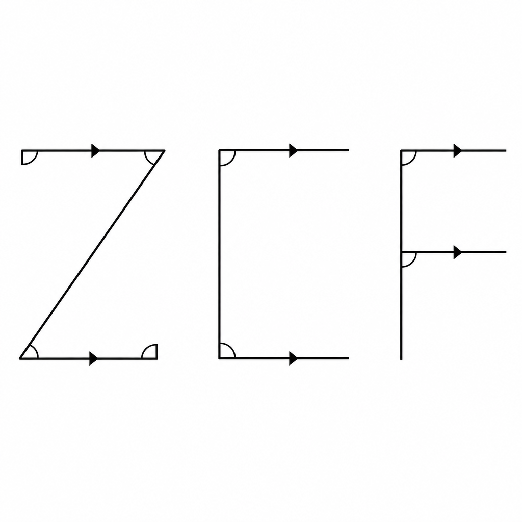 The Z shape marks alternate angles, the C shape marks co-interior angles and the F shape marks corresponding angles.