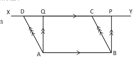 Rectangle ABPQ and parallelogram ABCD stand on the base AB and lie between the parallel lines AB and XY; the side AQ of the rectangle is the height of both.