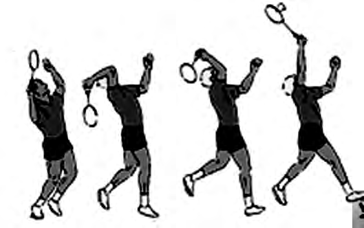 An overhead stroke from start to finish: the racket drops behind the back, the arm reaches up, and the racket meets the shuttlecock above the head.