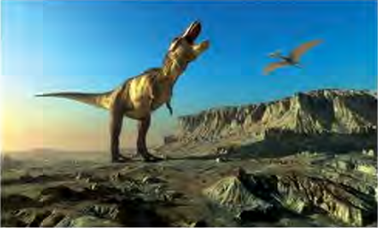 A meat-eating dinosaur on open rocky ground with a flying reptile above it, showing that dinosaurs had spread over the land and into the air.