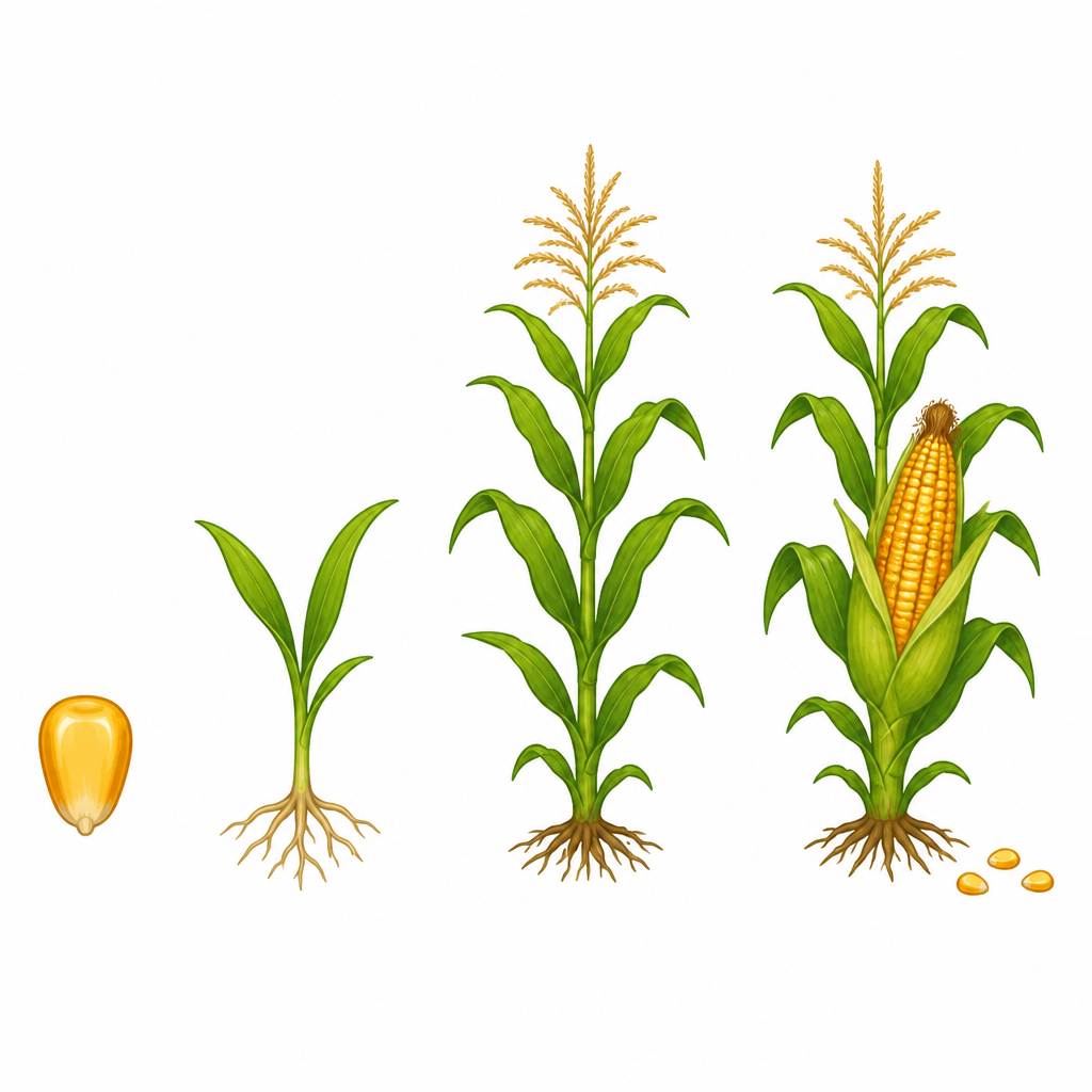 The life cycle of a plant, from seed to seedling to adult plant with flower and fruit, ending in a new seed.