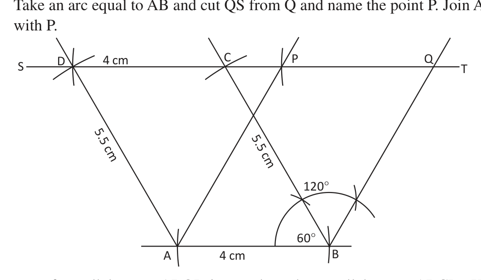 Parallelogram ABCD with \( \angle ABC = 60^\circ \), and parallelogram ABQP on the same base AB with \( \angle ABQ = 120^\circ \), both reaching the line ST.