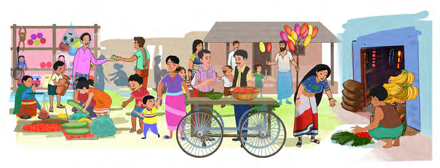 A busy village market where people are buying and selling vegetables, fruits, toys and balloons.