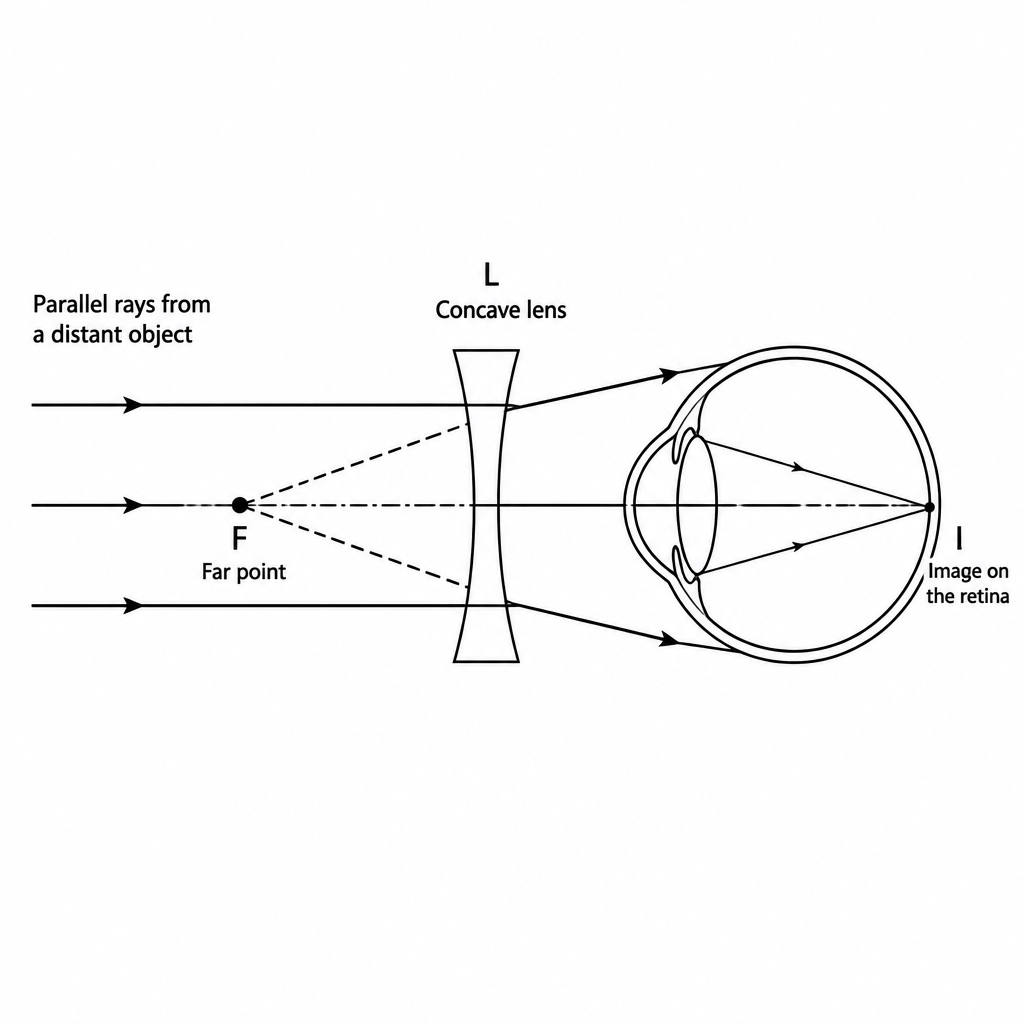 The concave lens diverges the parallel rays so that they seem to come from the far point F, and the image I forms on the retina.