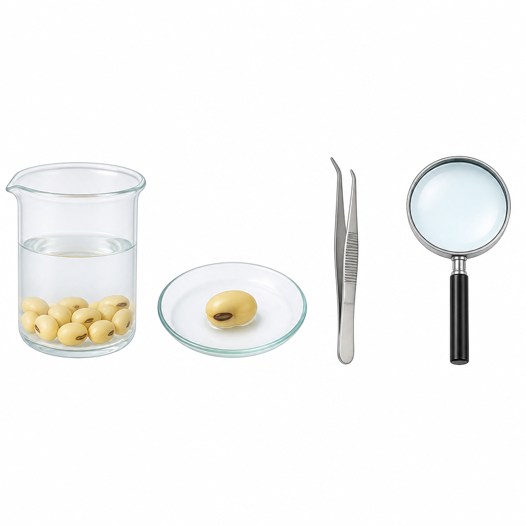 The apparatus for observing a soybean seed: seeds soaking in a beaker, a watch glass, forceps and a hand lens.