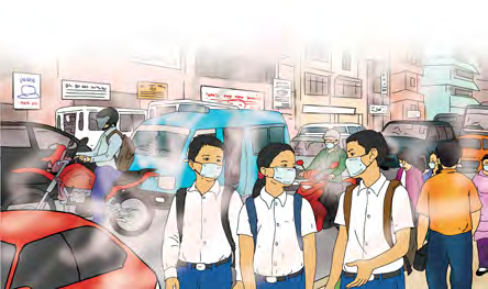 A town street: crowded traffic, dust and smoke, and children wearing masks.