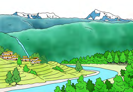 Then: snowy mountains, terraced fields, a clean river and thick greenery around a small settlement.