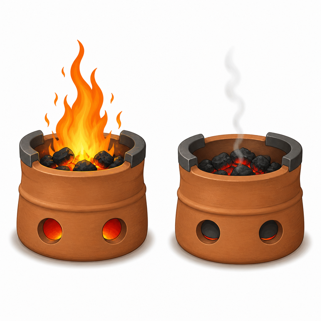 Charcoal with a full air supply burns with a bright flame, while charcoal starved of air only smoulders. Same charcoal, different oxygen, different product.