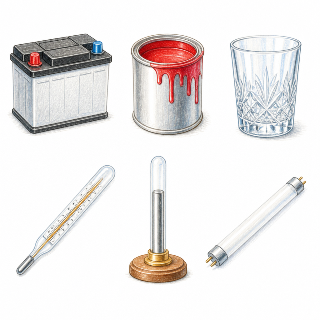 Everyday objects that contain lead or mercury: a car battery, paint, crystal glass, a thermometer, a barometer and a tube light.