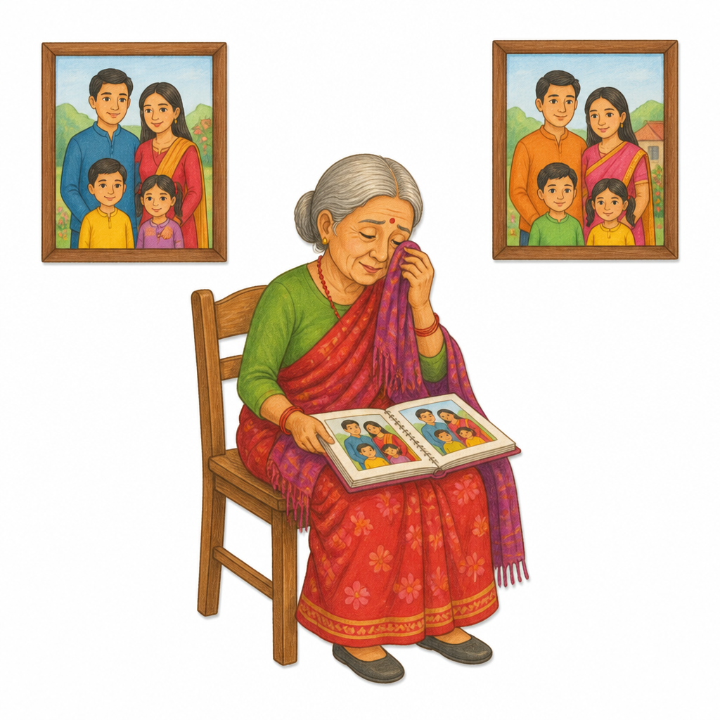 छोराहरू टाढिएपछि आमाको दिन तस्बिर र सम्झनामै बित्न थाल्छ ।