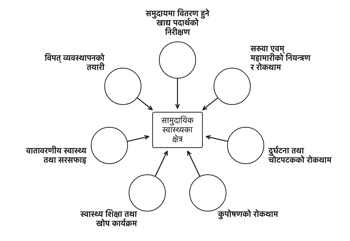 सामुदायिक स्वास्थ्यका सात क्षेत्र एउटै केन्द्रसँग जोडिएका छन्, त्यसैले कुनै एक क्षेत्र कमजोर भए पूरै समुदायको स्वास्थ्यमा असर पर्छ ।
