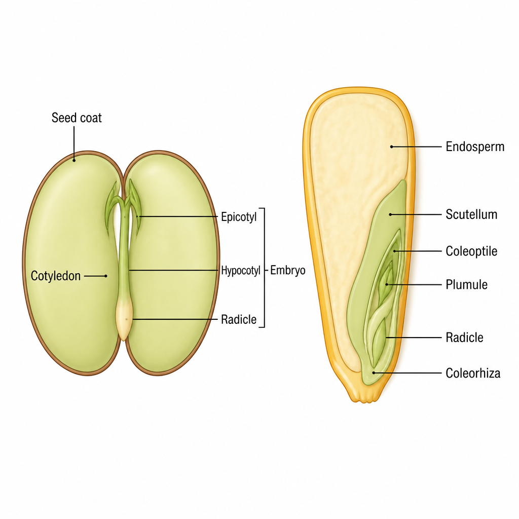 The parts of a dicot seed and a monocot seed. The bean has two cotyledons with the embryo between them, while in the maize grain the endosperm takes up a large part of the seed.