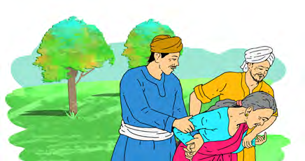 The security personnel bring the frightened old woman before the king.