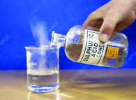 Diluting an acid: the acid is poured slowly into the beaker of water. Water is never poured into the acid.