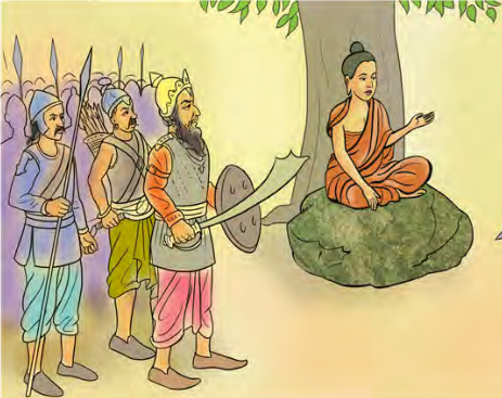 रुखमुनि ढुङ्गामाथि ध्यानमा बसेका तपस्वी र बायाँपट्टि धनु, भाला र ढाल बोकेका सिपाही। वर्णन गर्दा पहिले यही बायाँ भाग केलाउनुपर्छ।