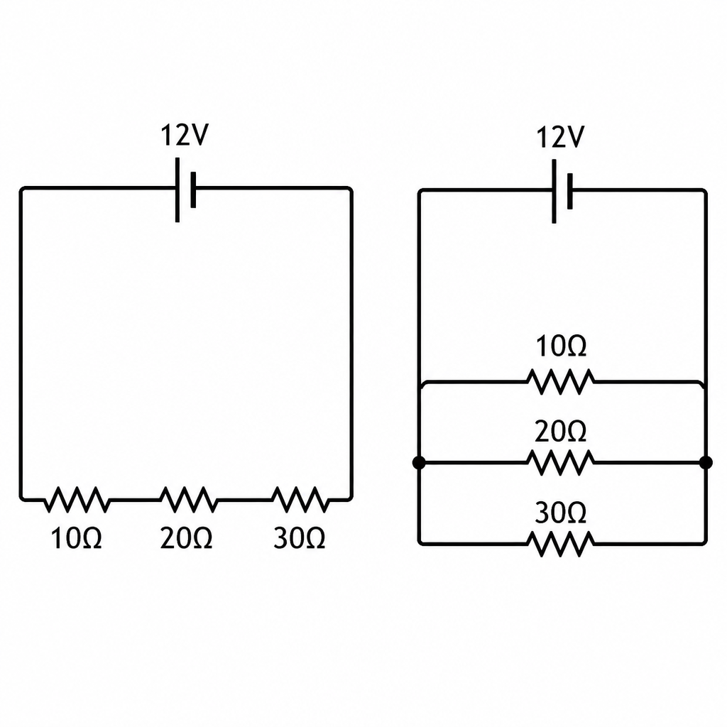 The same three resistors and the same 12 V battery: in series on the left, in parallel on the right.