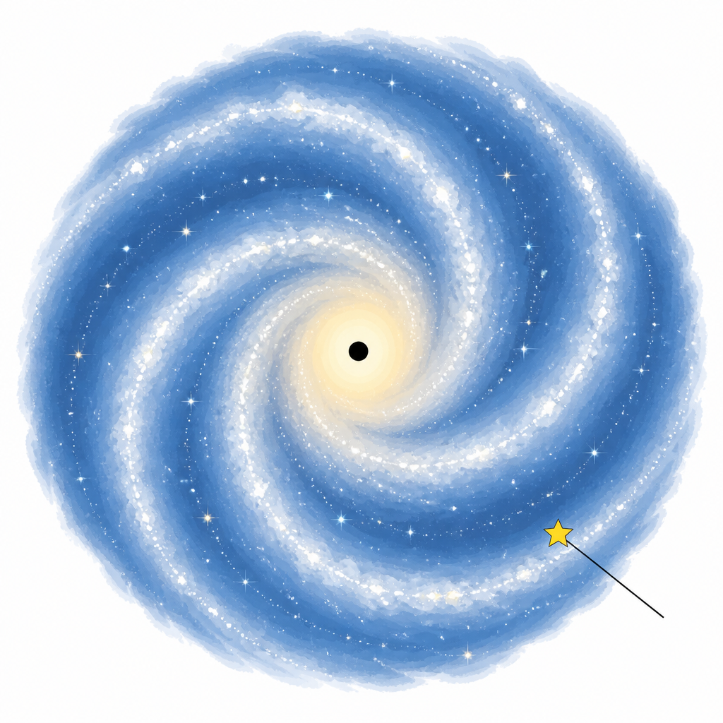How the Milky Way would look seen from above. The black hole sits at the centre, and the marked spot on one arm is where our Sun and its solar system lie.