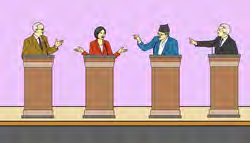A debate competition: four speakers argued from their podiums.