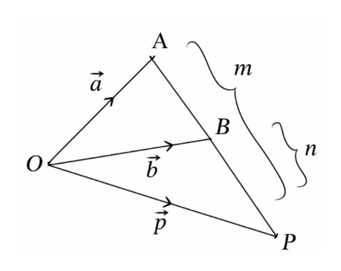 For external division, P lies on AB produced beyond B. AP is marked m and BP is marked n, and both run the same way along the line.