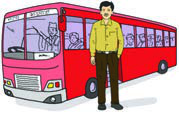 The man who is standing in front of the red bus is a driver.