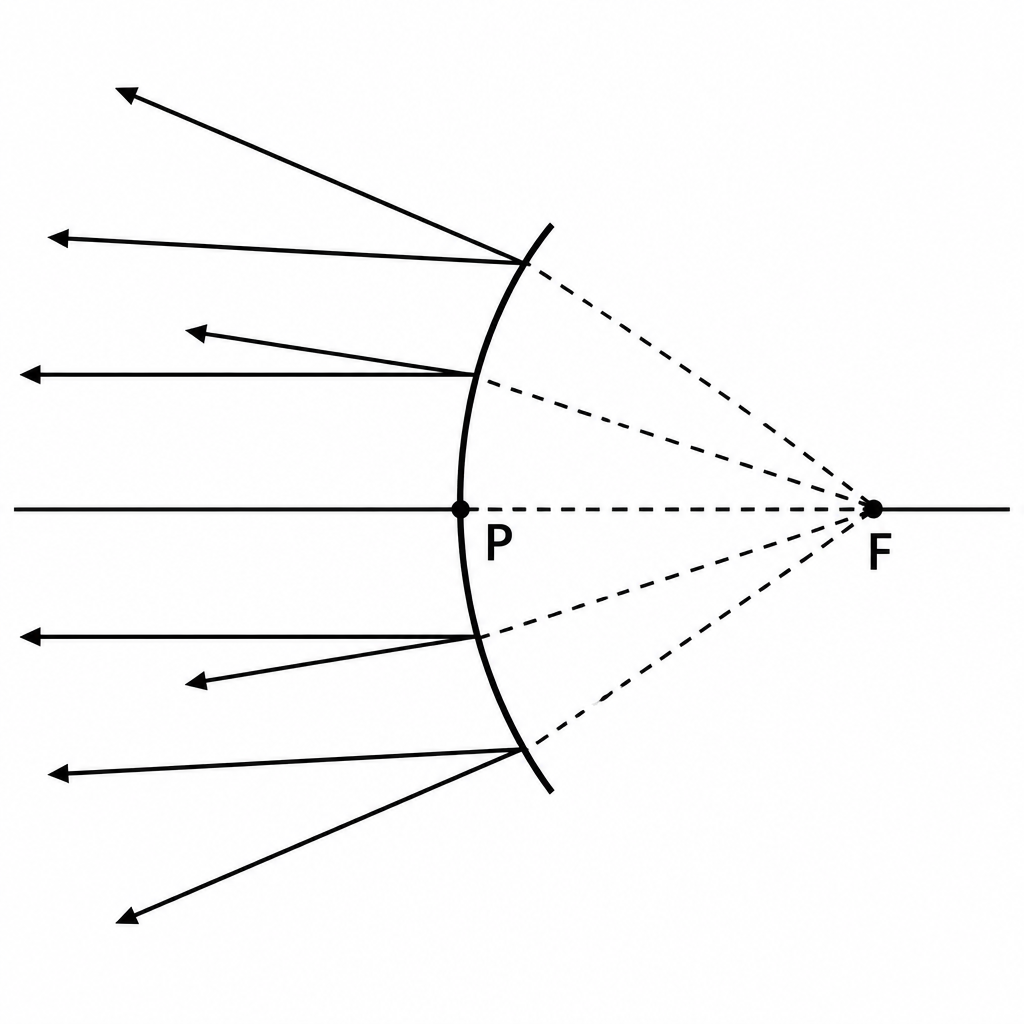 Rays reflected from a convex mirror spread apart and appear to come from the point F behind the mirror.