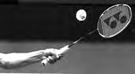 Forehand grip: the hand holds the handle so the racket meets a shuttlecock arriving on the right side.