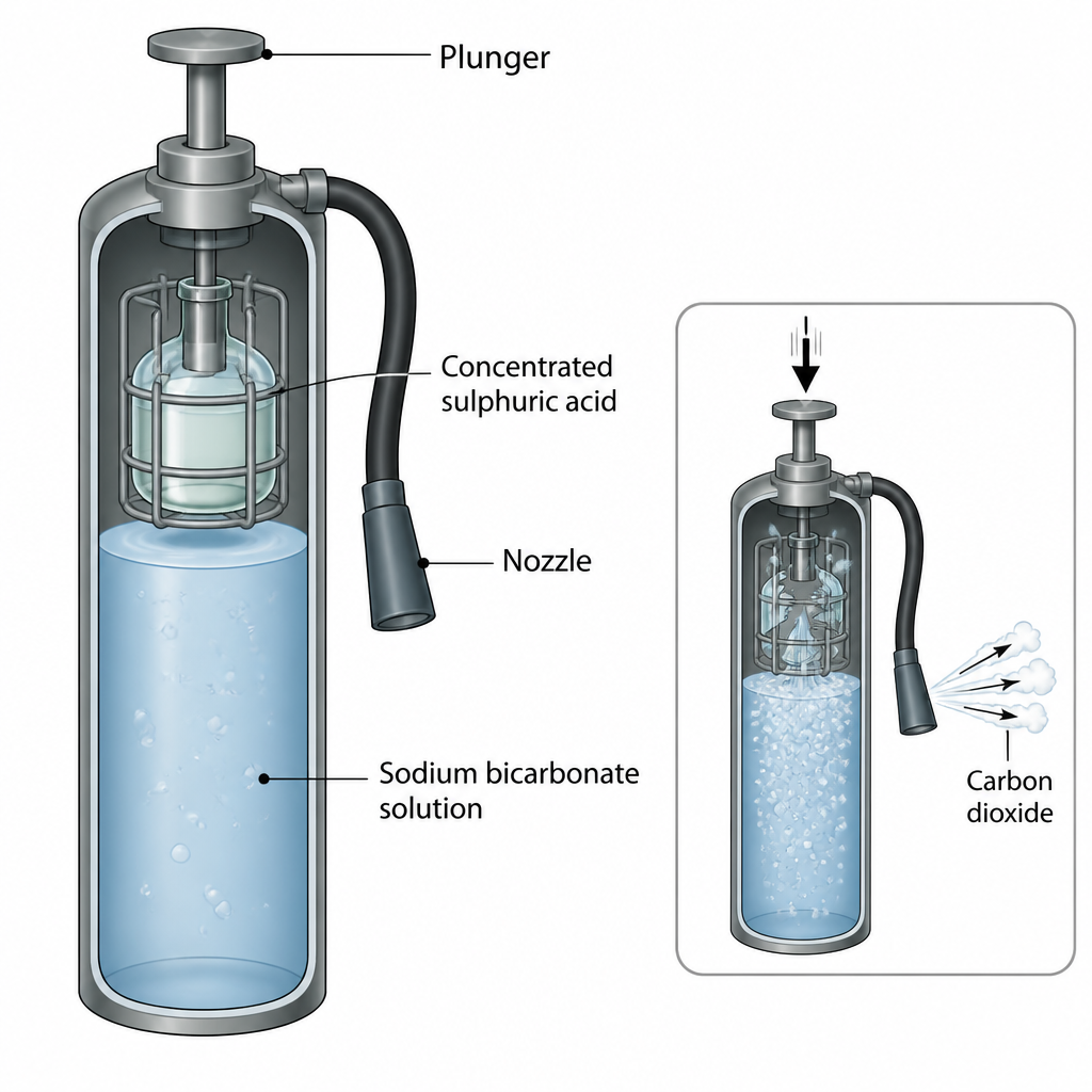 Inside a soda acid fire extinguisher, the sulphuric acid is held apart above the sodium bicarbonate solution until the plunger is struck.