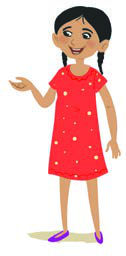 A young girl with black hair in two plaits, wearing a red dress and smiling as she speaks.