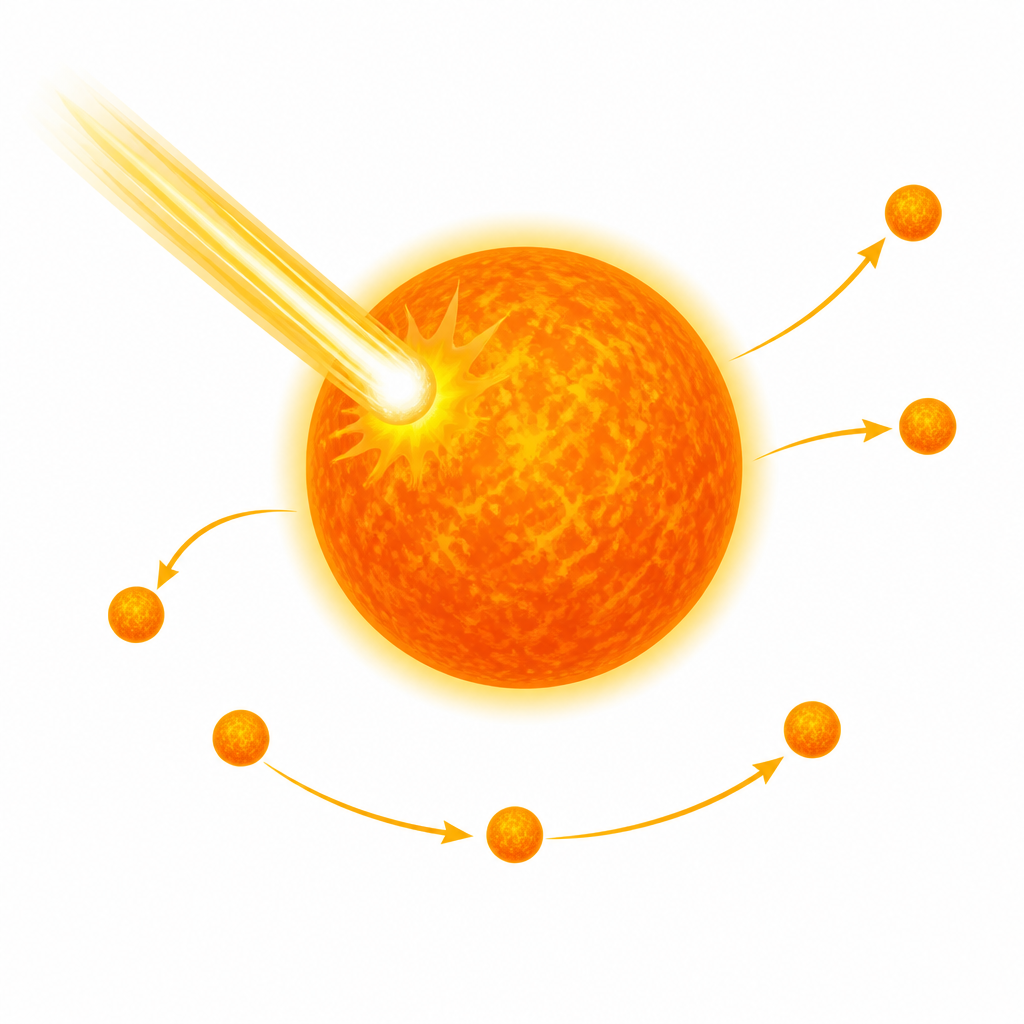 A comet strikes the sun, and the pieces of matter thrown out by the blow are taken to be the beginnings of the planets.