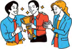 Friends congratulating a colleague who holds a trophy: smiles, a pat on the shoulder and a few warm words.