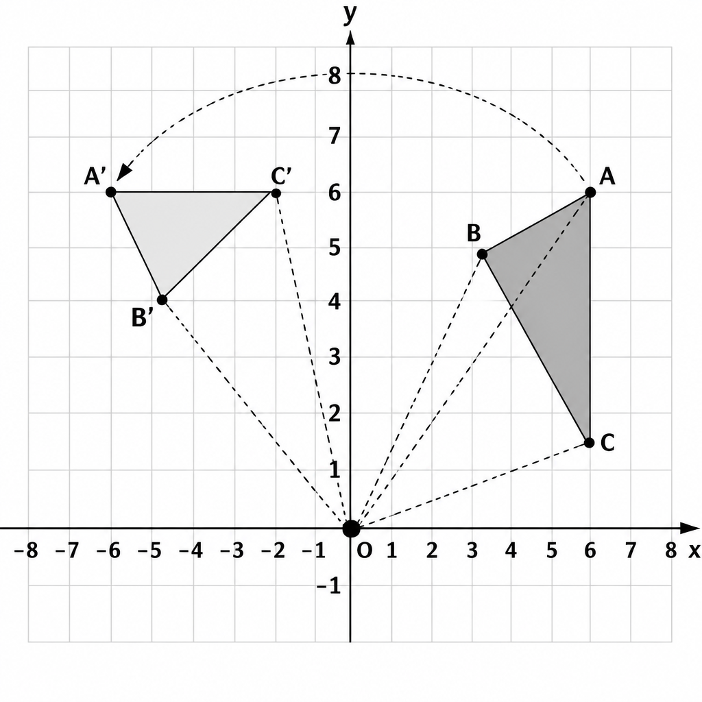 Each vertex swings along its own arc while staying the same distance from the centre, which is what a quarter turn actually looks like on a grid.