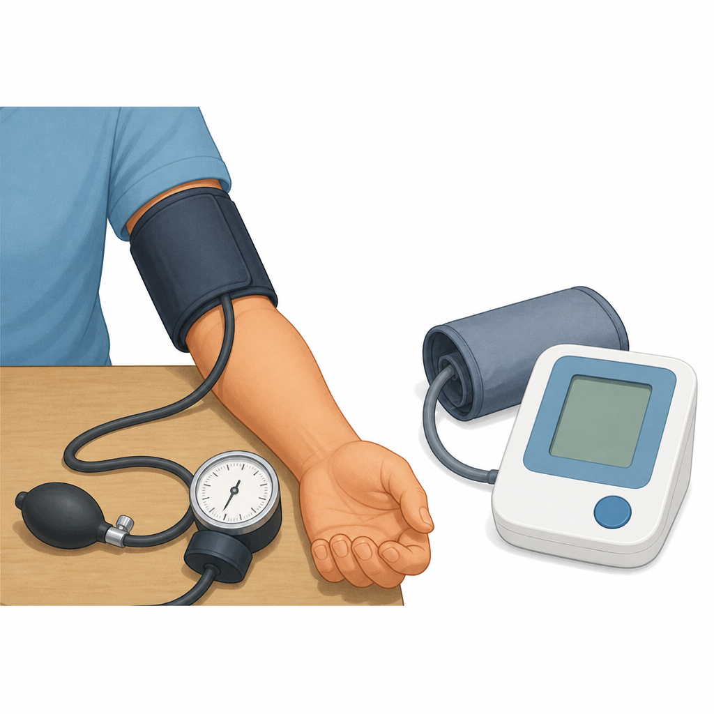 A sphygmomanometer: the cuff goes around the upper arm and the scale shows the pressure in mmHg.