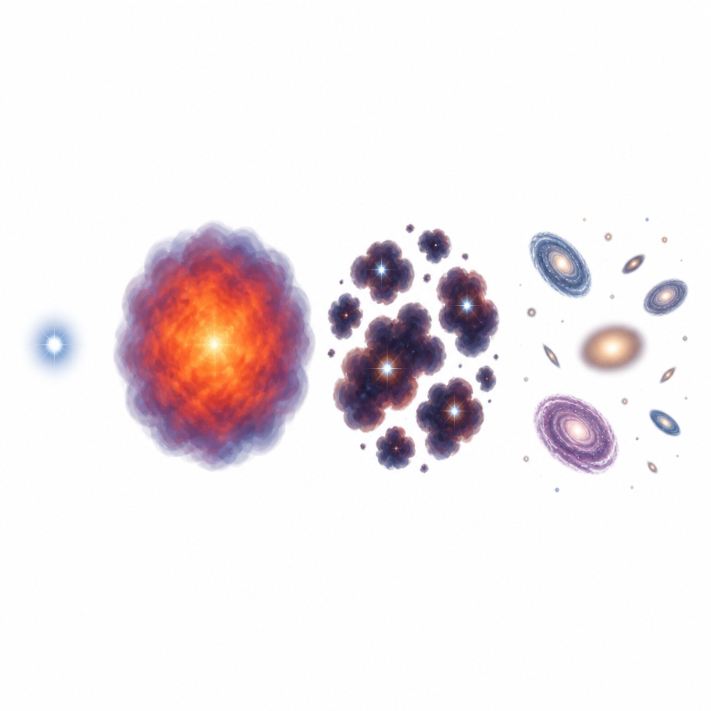The order in which it happened: matter spreading out after the big bang, clouds of gas forming from it, stars forming inside those clouds, and groups of stars becoming galaxies.