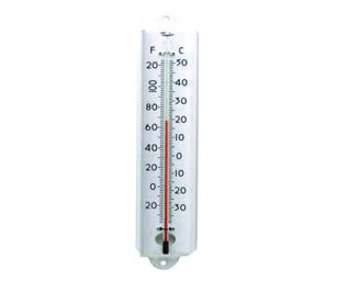 A thermometer with both Fahrenheit and Celsius scales; the liquid column rises and falls with the temperature.