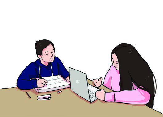 One student asks how to take a screenshot on a laptop, and the other answers with a clear instruction: press the Windows key and the Print Screen key at the same time.