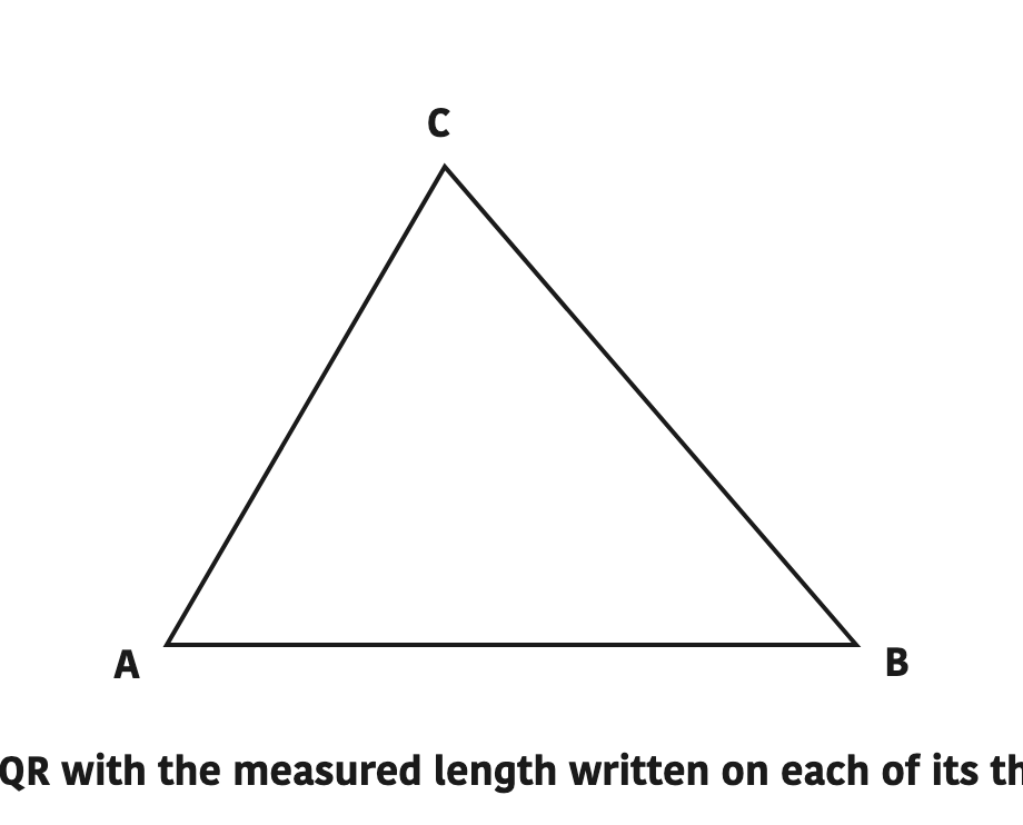 Triangle PQR with the measured length written on each of its three sides.