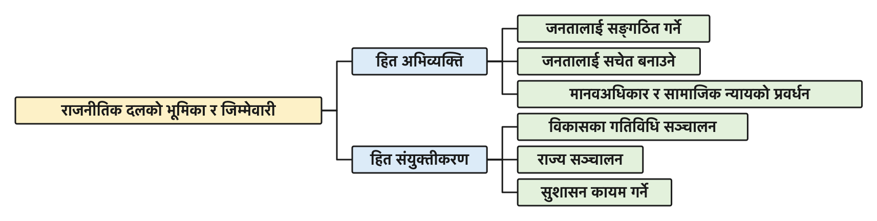 दलको भूमिका र जिम्मेवारी दुई हाँगामा बाँडिन्छ: सत्ताबाहिर पनि गरिने हित अभिव्यक्ति र सत्तामा पुगेपछि गरिने हित संयुक्तीकरण ।