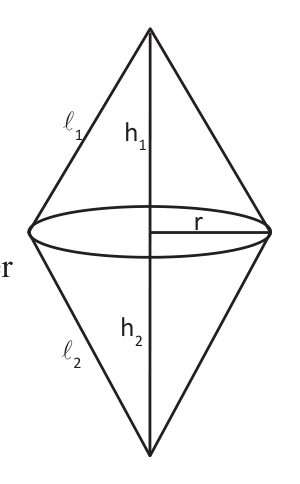 Two cones on a common circle of radius \( r \): the upper cone has height \( h_1 \) and slant height \( l_1 \), the lower one \( h_2 \) and \( l_2 \).