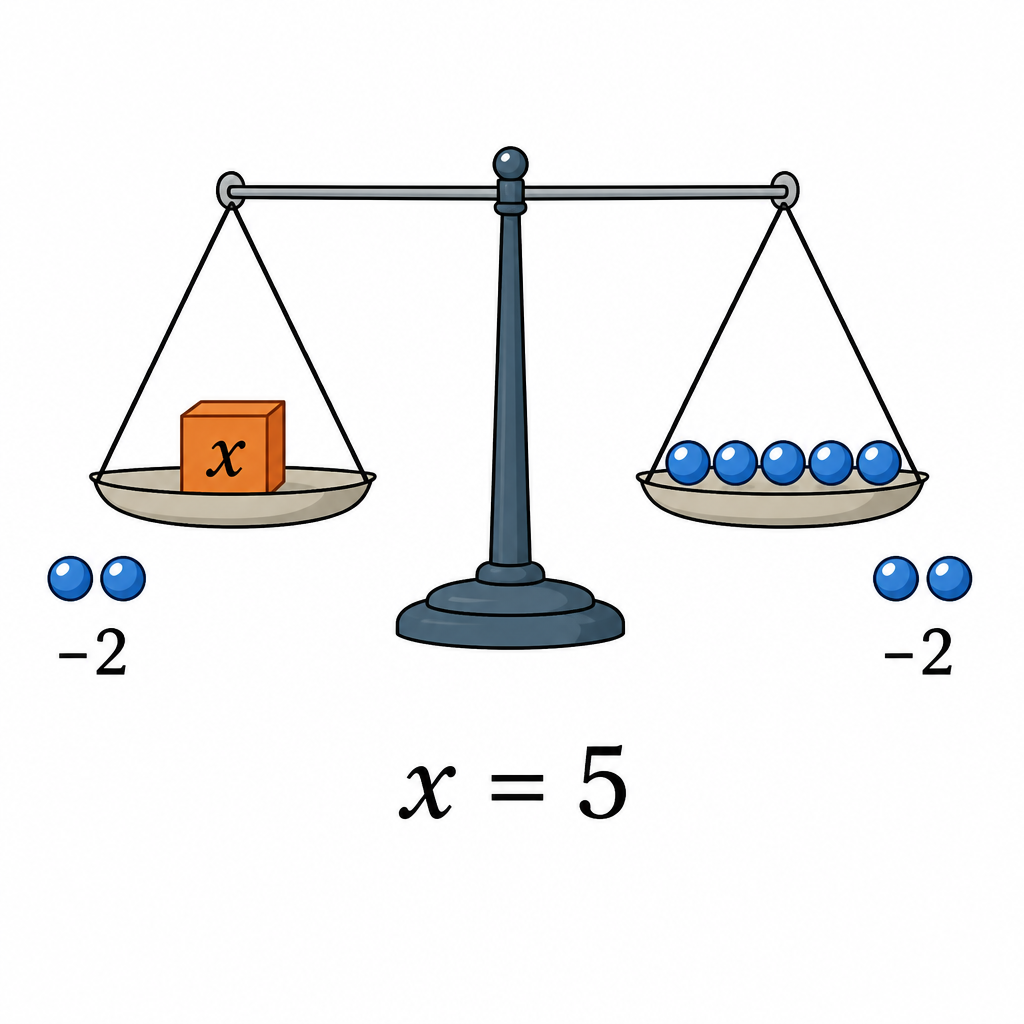 Taking two marbles from each pan keeps the beam level and leaves \( x = 5 \) standing on its own.