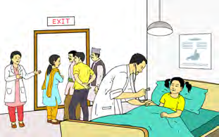 Visitors talk near the door of a hospital room while a sick girl rests. Loud talk here calls for an apology.