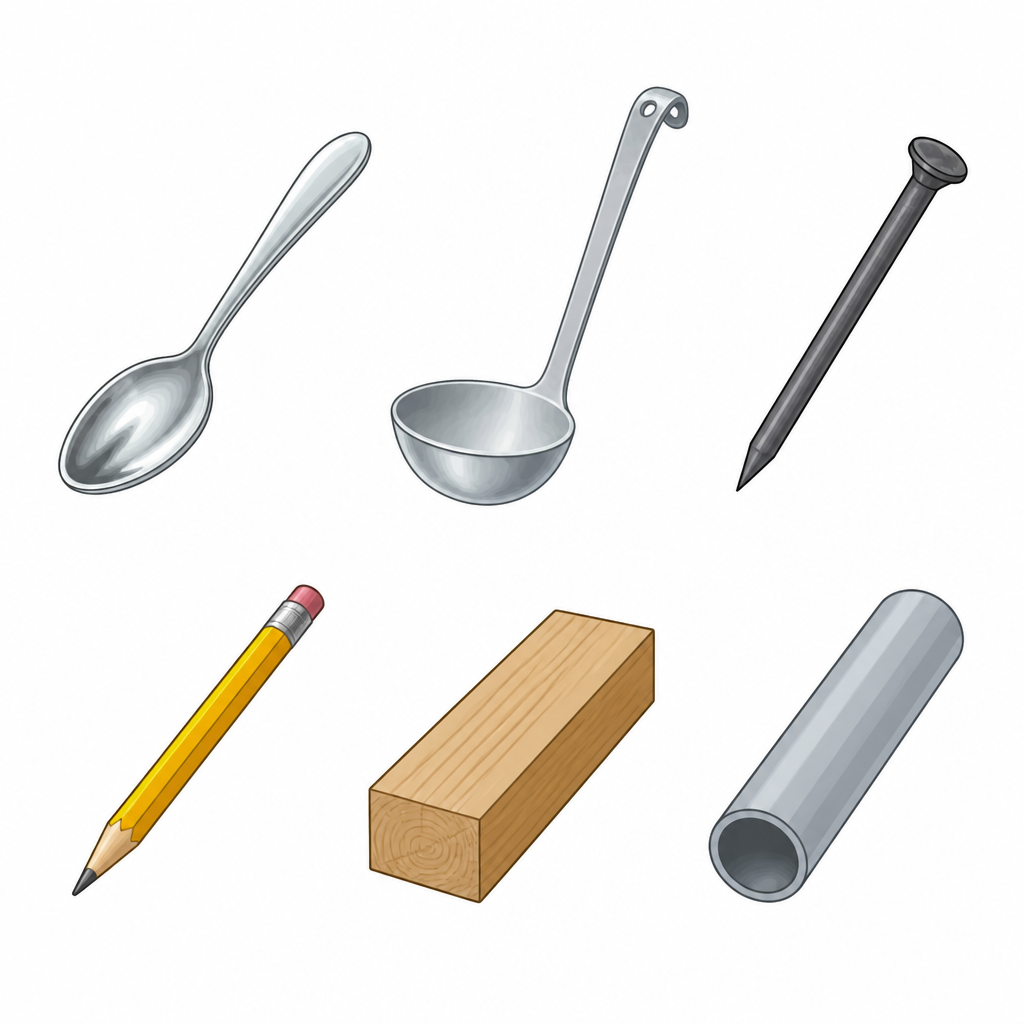 The six objects used in the test: three made of metal and three that are not.