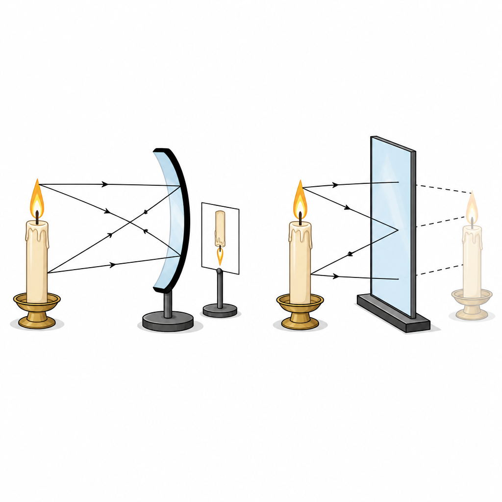 On one side the rays really meet and build an upside down image on a card; on the other they only seem to meet, and the upright image appears behind the mirror where no light goes.