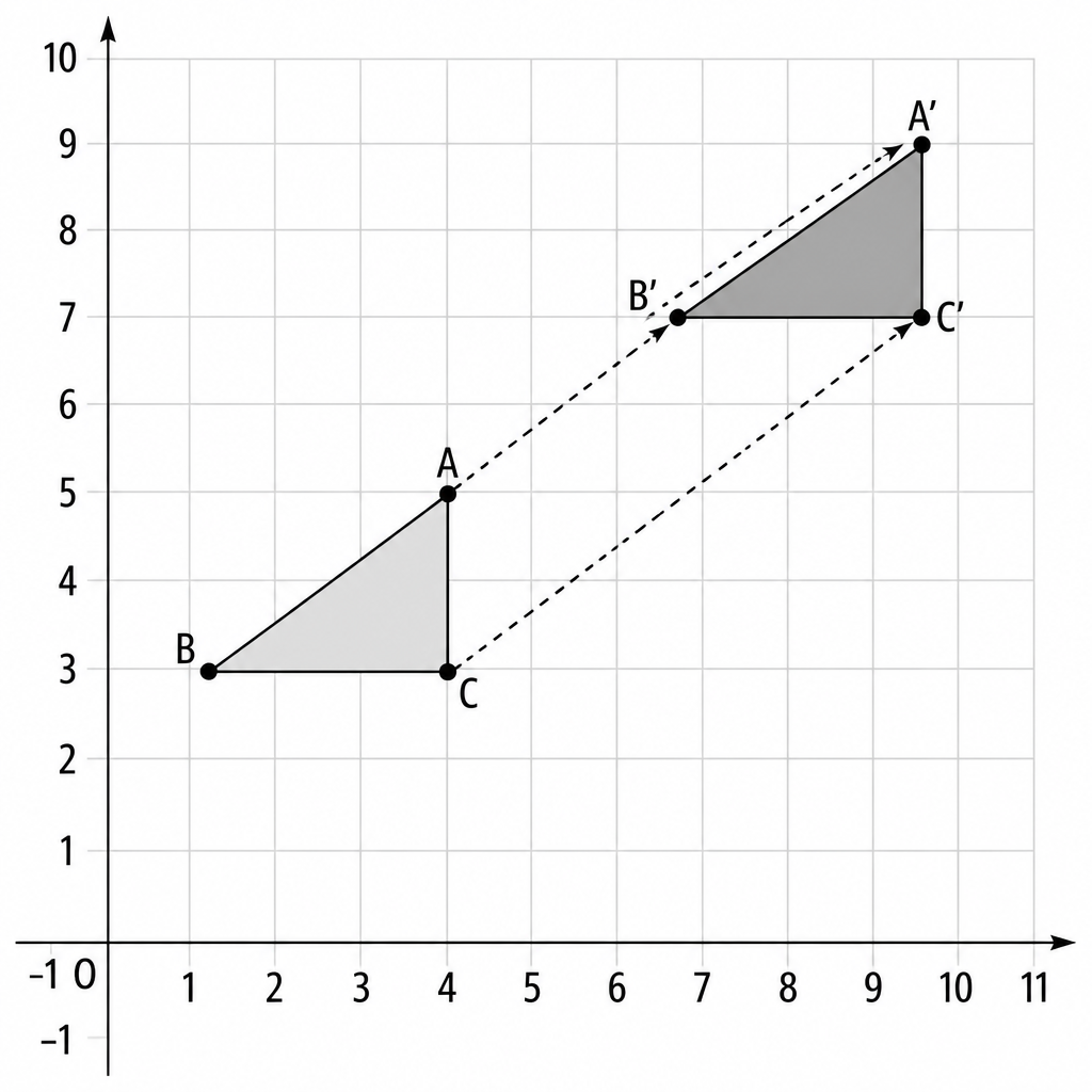 The three joining arrows are parallel and equal, which is how a reader sees that a translation moves every vertex identically and never turns the shape.