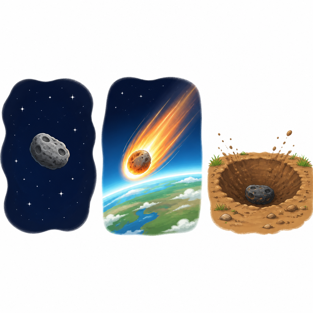 The three stages of one piece: a meteoroid out in space, a meteor while it burns in the atmosphere, and a meteorite once it has struck the ground.