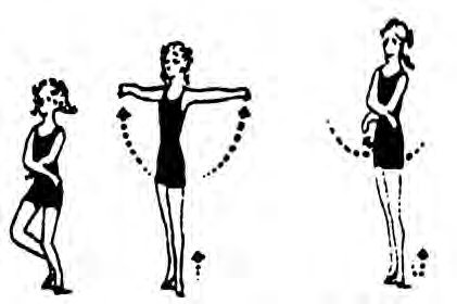 Cool-down: knees slightly bent, arms spread as you rise onto the toes, then arms folded again as the heels come down.