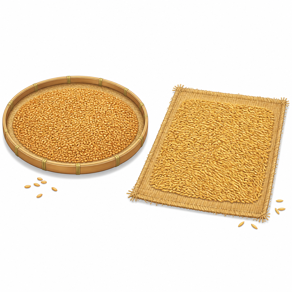 Paddy and wheat spread in a thin layer to dry before they are stored.