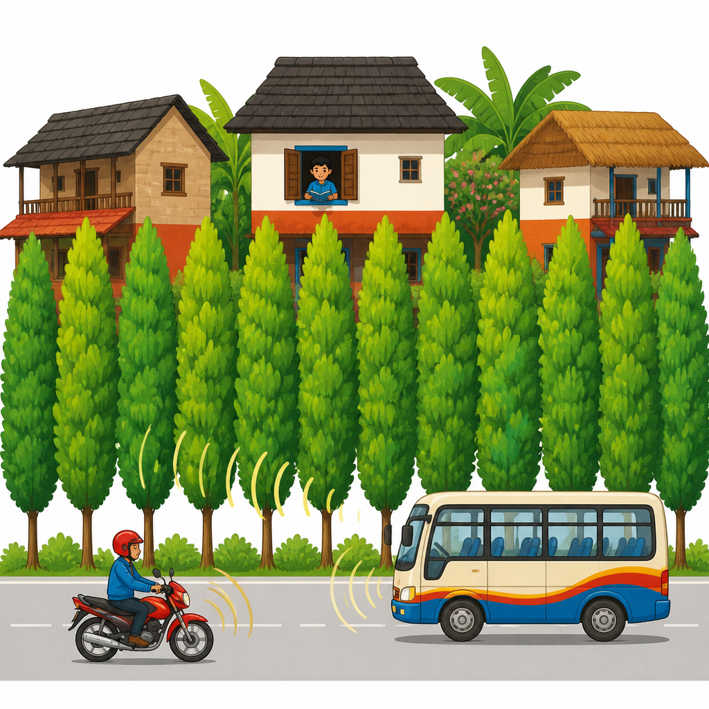 Trees along both sides of a road block the sound of vehicles, so less of it reaches the houses behind them.